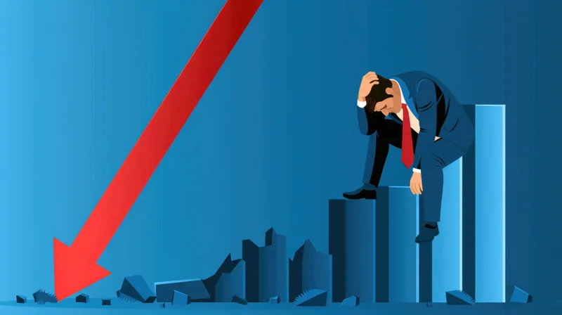下がるグラフの前で頭を抱える会社員のイラスト
